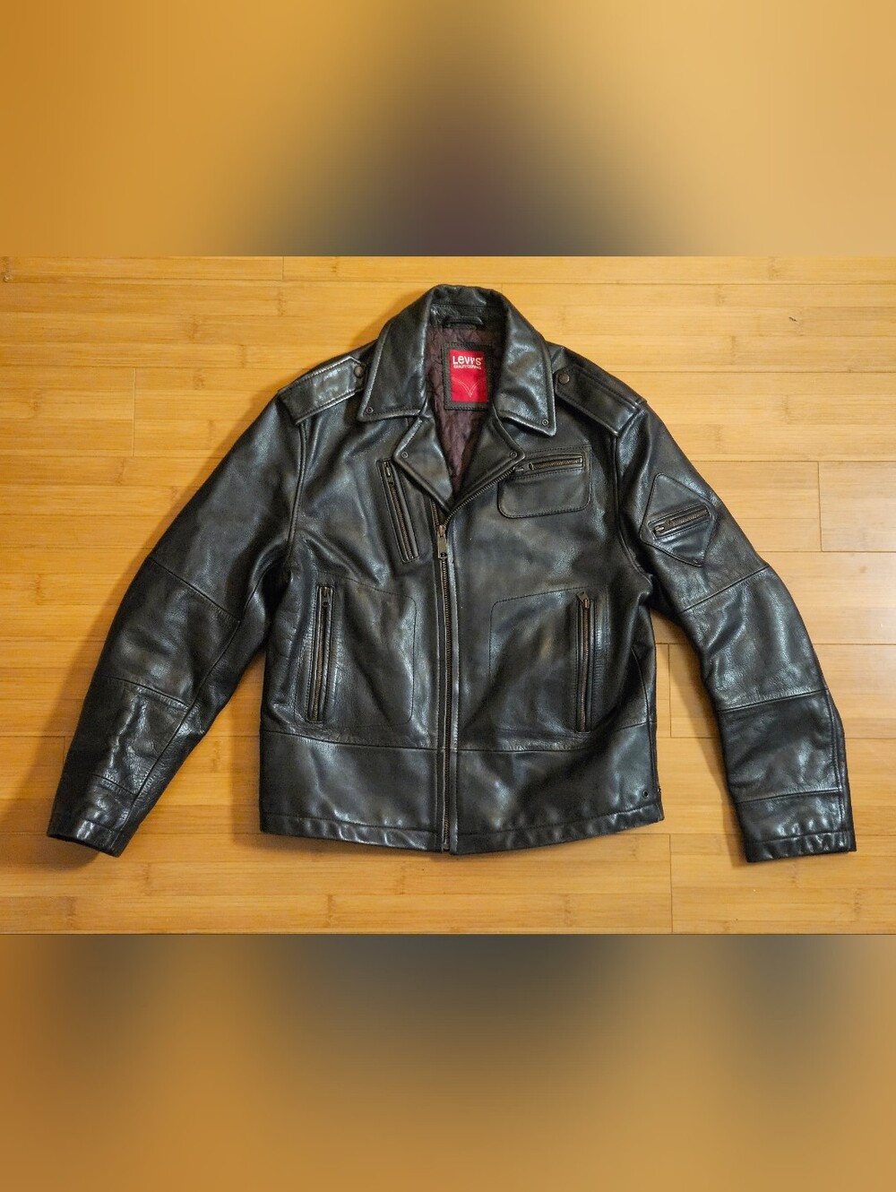 Levi's Black Leather Bomber Jacket with Zip Pockets